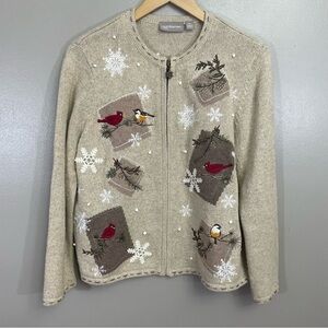 Croft & Barrow women’s petite Large Embroidered Zip Front Cardigan Sweater silk